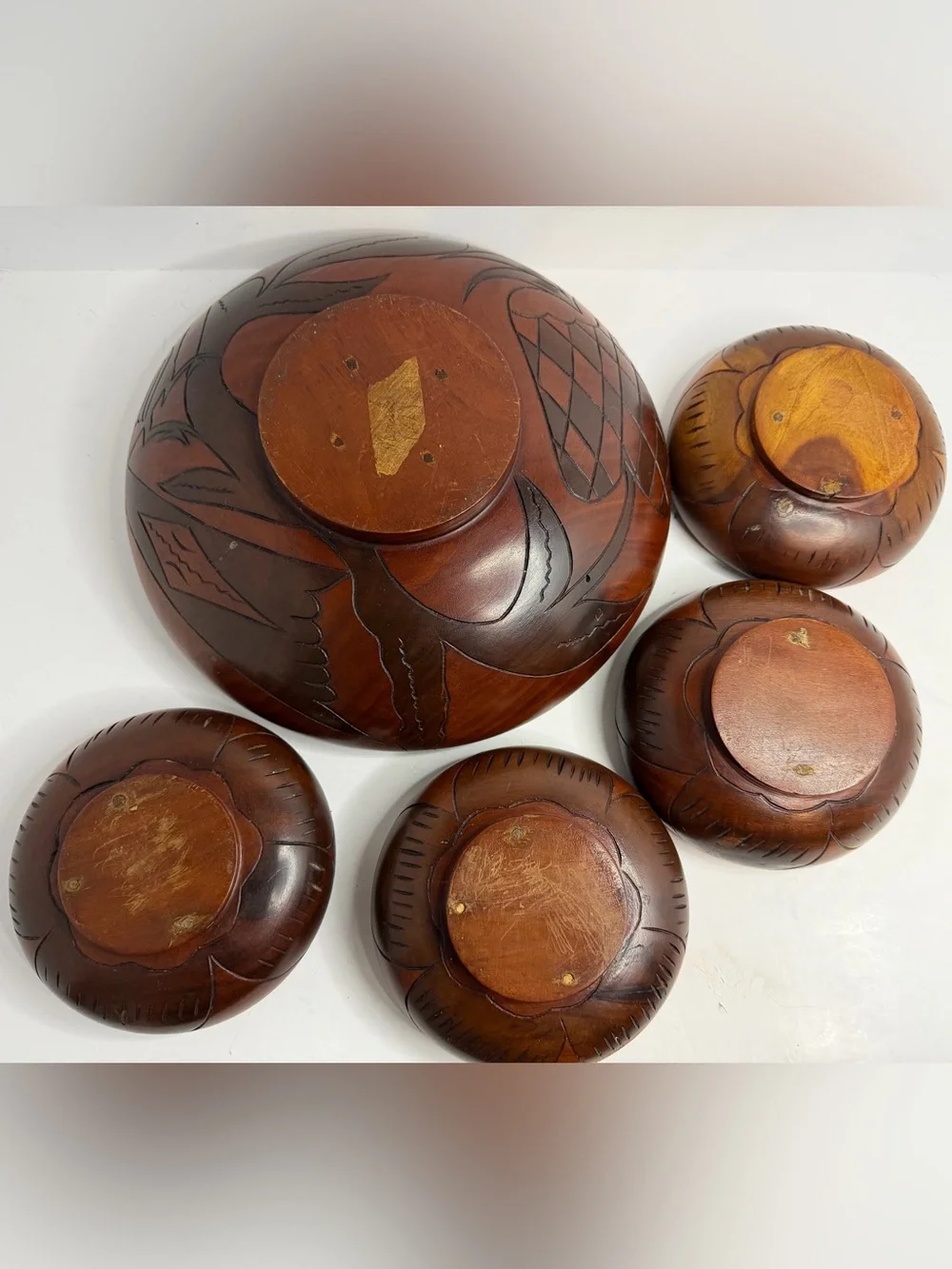 Mid-Century Modern 5-Piece Hand-Carved Mahogany Serving Set Salad Stunning Vtg
